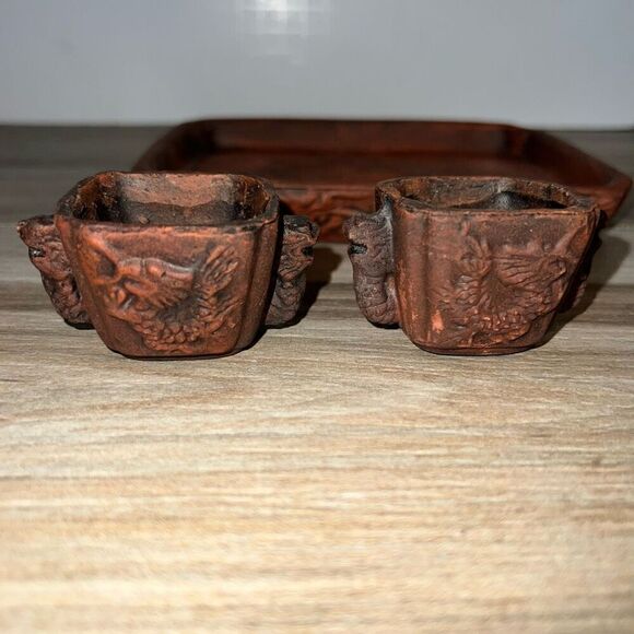 Yixing Zi Ni Vintage Brown Clay Miniature Tea Pot Set With Tray Carved 6 Piece - Picture 6 of 11